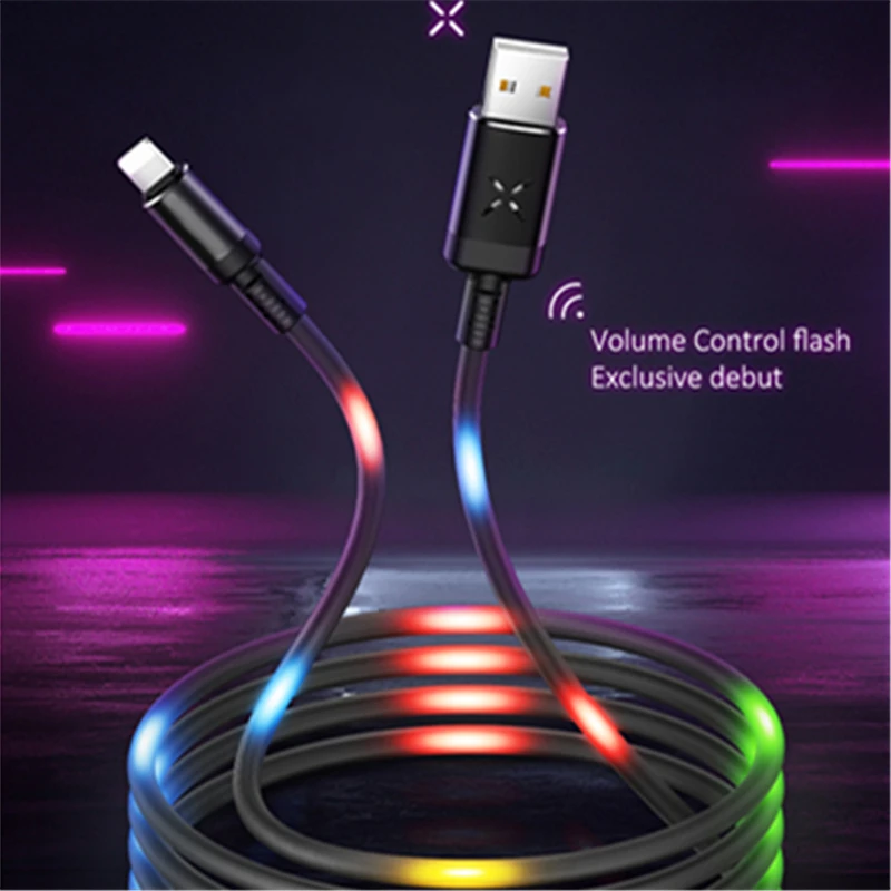 

Volume Control Dancing LED Light Flash Cable for iPhone 6 7 Data Sync 2A Fast Charging USB Cable Micro Type-C Phone USB C Cable