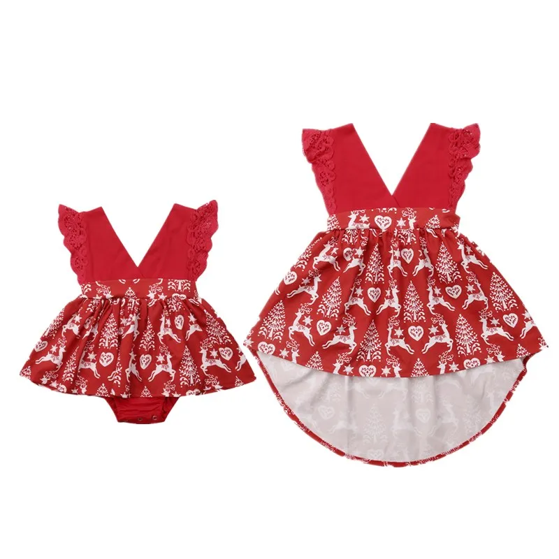 

Cute Family Sister Matching Dress Sunsuit Xmas Newborn Kids Baby Girl Christmas Lace Tulle Romper Party Deer Sleeveless Dresses