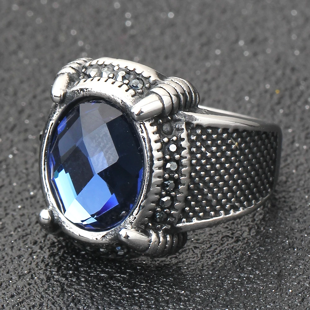 Personalized Cool Men Blue Stone Crystal Rings Stainless Steel Wedding Rings for Men Jewelry 18mm Wide Rings Jewelry Size7-12