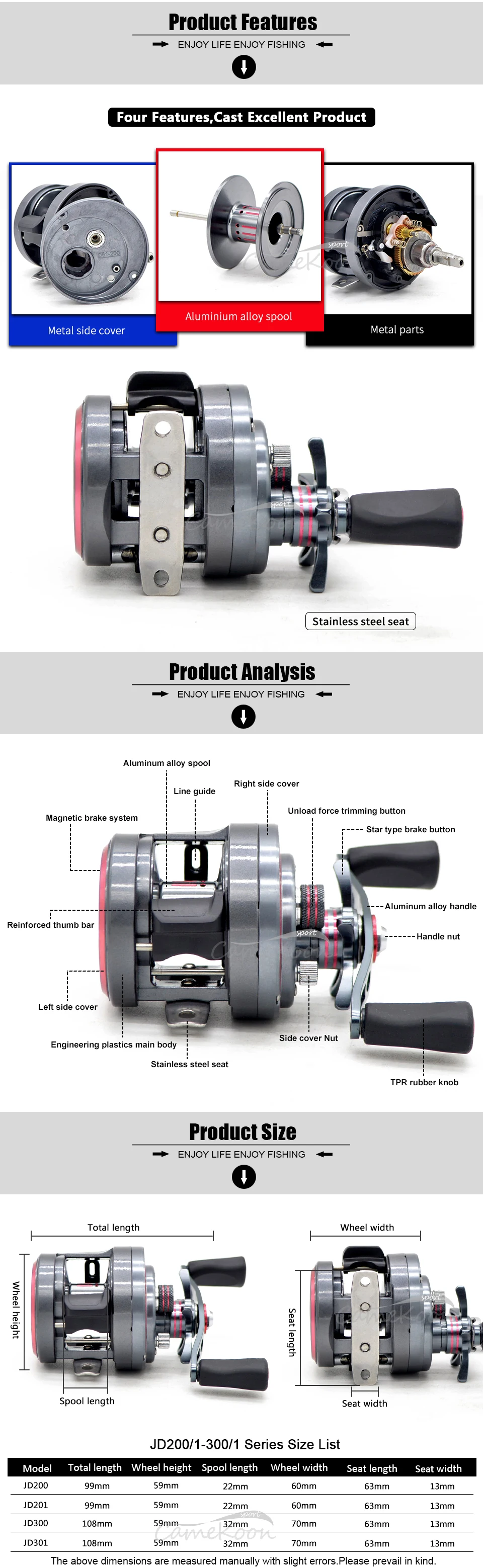 CAMEKOON JD200/JD300 круглая Рыболовная катушка baitcasing 4,7: 1/4. 6:1 Передаточное отношение 8 кг углеродное волокно тянущаяся катушка Baitcast