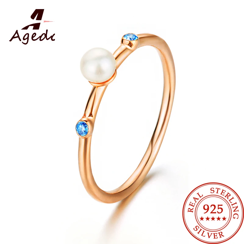 Dazzling Embed Blue Topaz pearl Stackable Pure 925 Sterling Silver