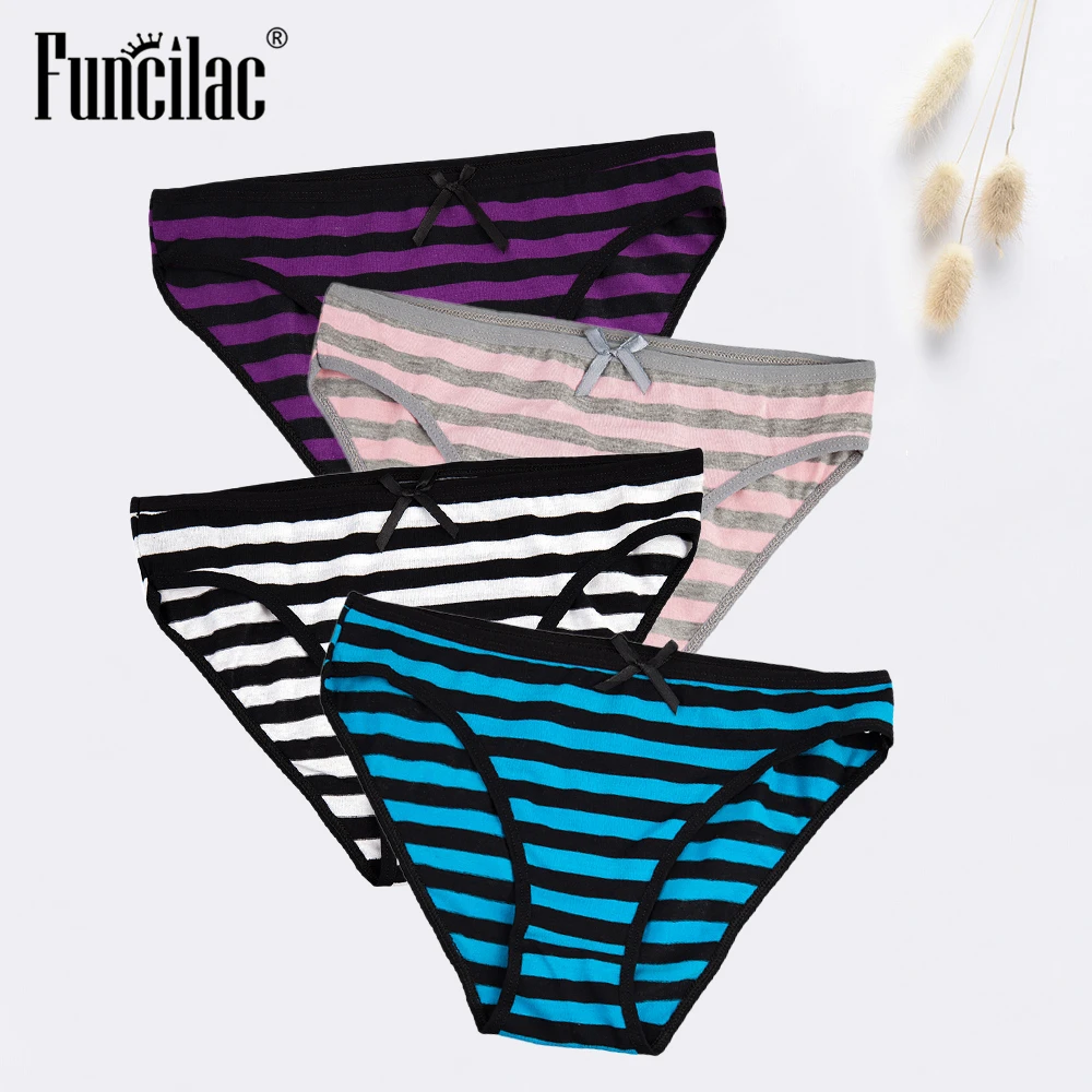 

FUNCILAC Panties for women Cotton Sexy Women Briefs Underwear Female Lingerie Ladies Intimate Bow Striped Low-Rise 4 pcs/set