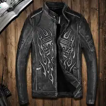 FREE SHIPPING 2016 New Man Vintage Skulls Leather Motorcycle Jacket Black Stand Collar Genuine Cowhide Slim Fit Men Biker Coat