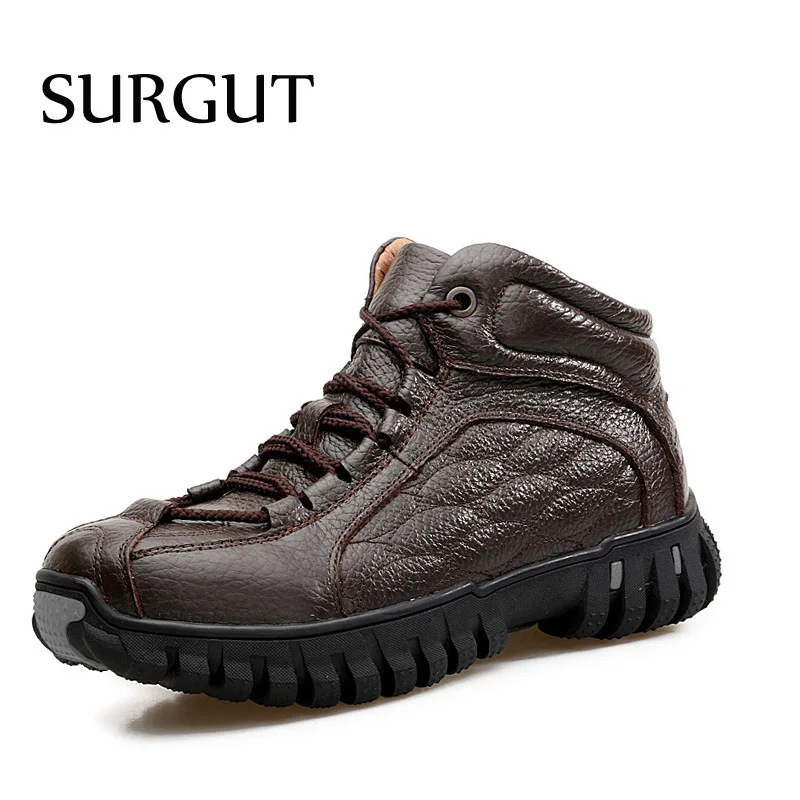 Мужсая водонепрницаемая меховая обувь SURGUT, черные зимние ботильоны с плюшевой подкладкой, однотонные теплые лыжные ботинки с нескользящей подошвой для зимы - Цвет: Brown