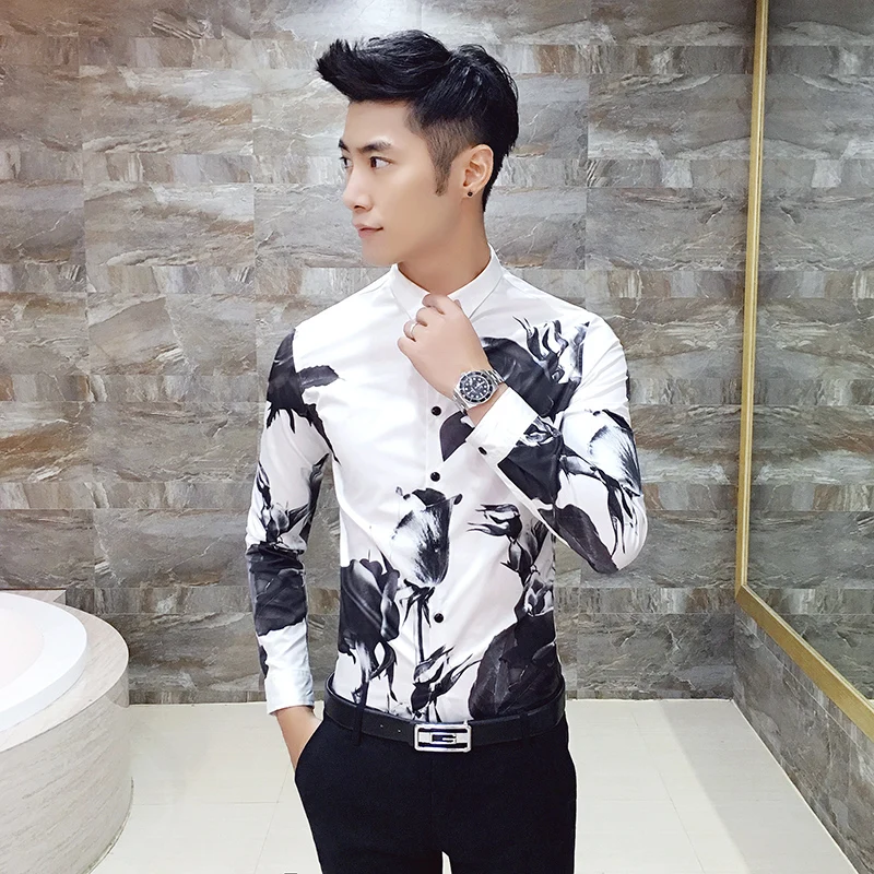 

16 autumn new black rose pattern, digital printing, men's long sleeve shirt, 1541-P55- white