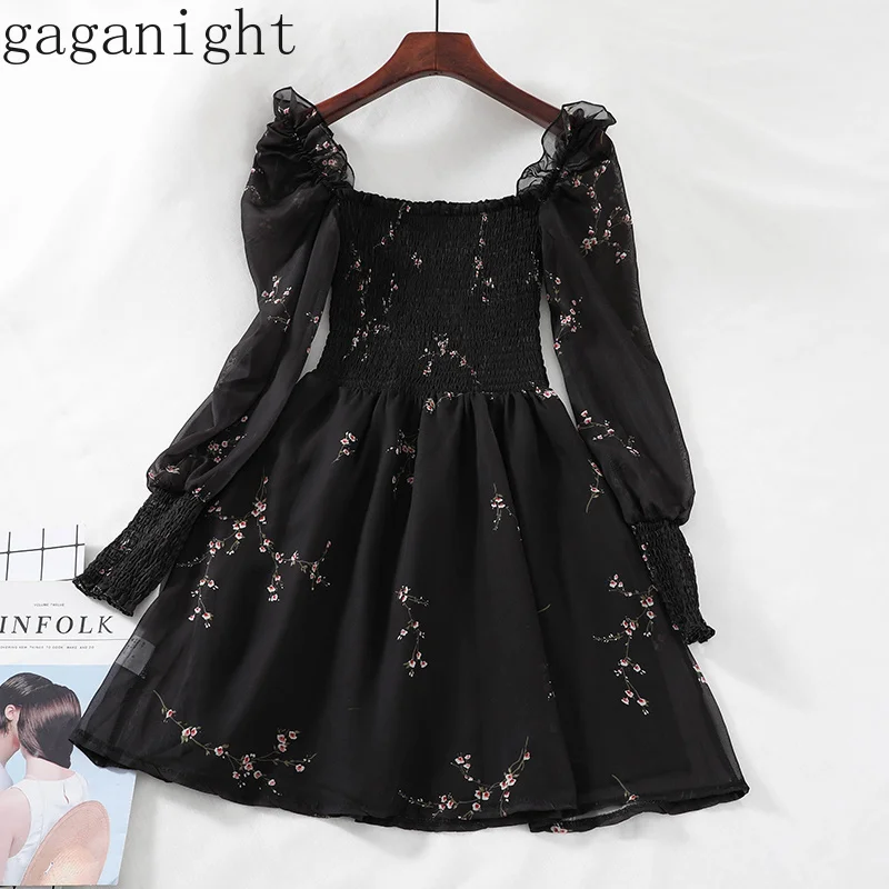 

Gaganight Elegant Black Party Dress Women Summer Autumn Long Sleeves Square Collar Ruffles Floral Mini Dresses Ladies Retro Chic