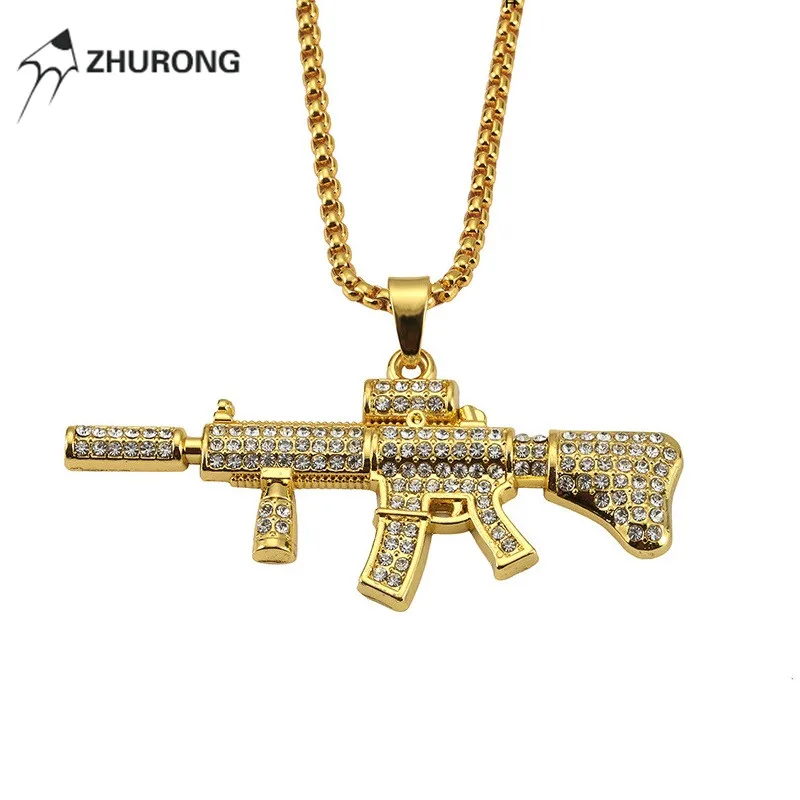 Men Cool M4 Gun Pendant Hip Hop Gold Silver Color Fashion Necklace Full Crystal Punk Rock Style