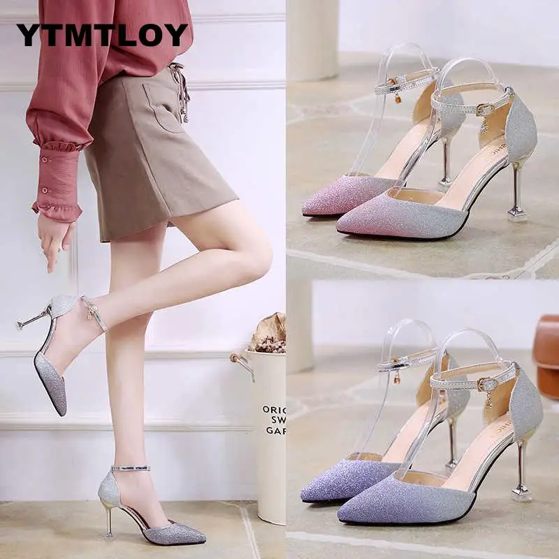 

2019 Women Autumn Strap High Heels Ladies Pumps Pointed Toe String Shoes Sexy Footwear Drop Zapatillas Mujer Sequined Cloth