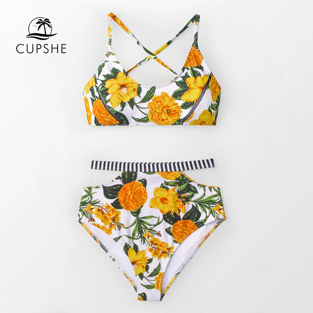 Kaufen CUPSHE Sexy Gelb Blumen Paradise High taille Bikini Sets Frauen Ausschnitt Zwei Stücke Badeanzüge 2020 Mädchen Strand Badeanzüge