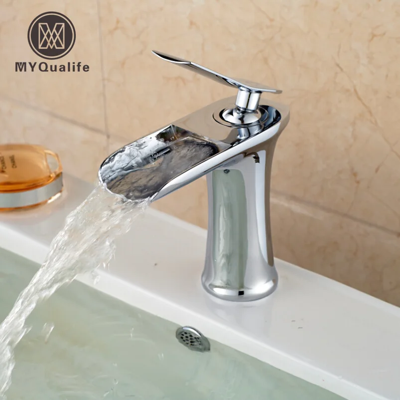

Polished Chrome Washbasin Design Vanity Sink Faucet Mixer Waterfall Hot and Cold Water Taps for Basin of Bathroom