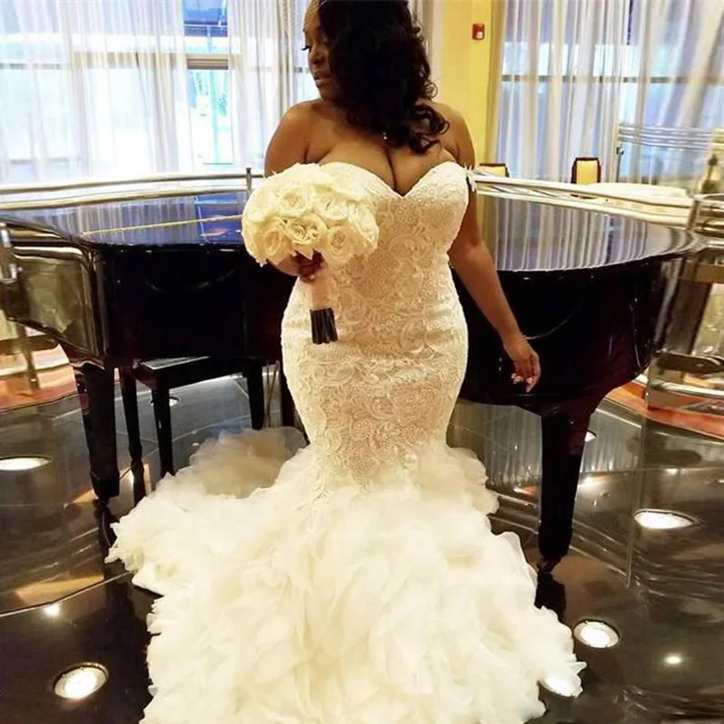2018 African Plus Size Wedding Dresses Sweetheart Ruffles Mermaid Lace Wedding Dress Lace Up Back Tulle Bridal Gowns Vestidos189