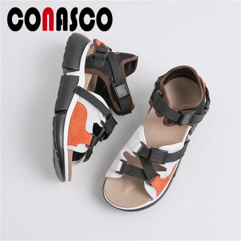 

CONASCO Fashion Mixed Colors Genuine Leather Women Sandals Round Toe Buckle Women Sneakers 2019 Summer Flats Casual Shoes Woman