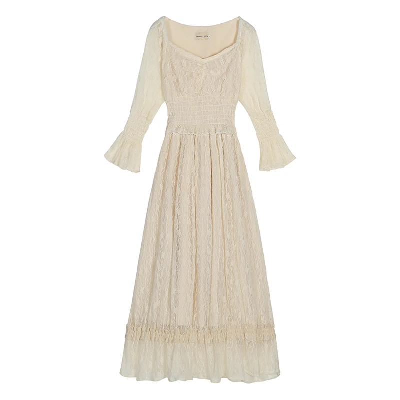 

YOSIMI 2019 Summer Maxi Lace Long Dress Women Beige Vintage V-neck Evening Party Dress Spring Half Sleeve Long Dress Party Dress