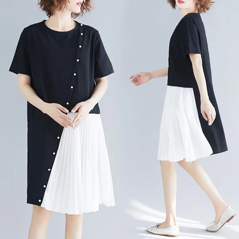 

2019 New Casual Dresses Large Size Women's Summer Chiffon Dress Pleated Irregular Stitching Fake Two Pieces Sets X766