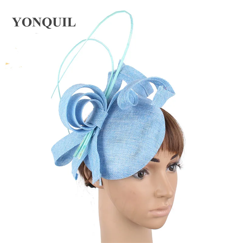 Champagne imitation sinamay fascinator ladies wedding hats royal floral with feathers headwear hair clips occasion church event - Цвет: light blue