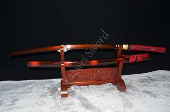 

100% handmade japanese swords katana samurai folded red steel blade full tang decoration gift real sharp can cut bamboo tree