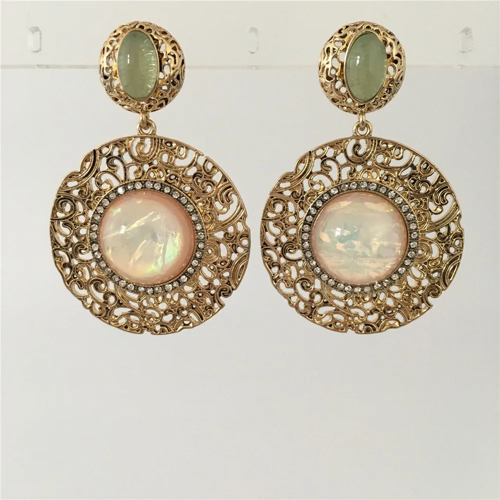 

PRETTY GIRL EARRINGS ANTIQUE GOLD COLOR PLATING PINK GREEN STONE LARGE ROUND FILIGREE DROP EARRINGS FOR WOMEN GIRL