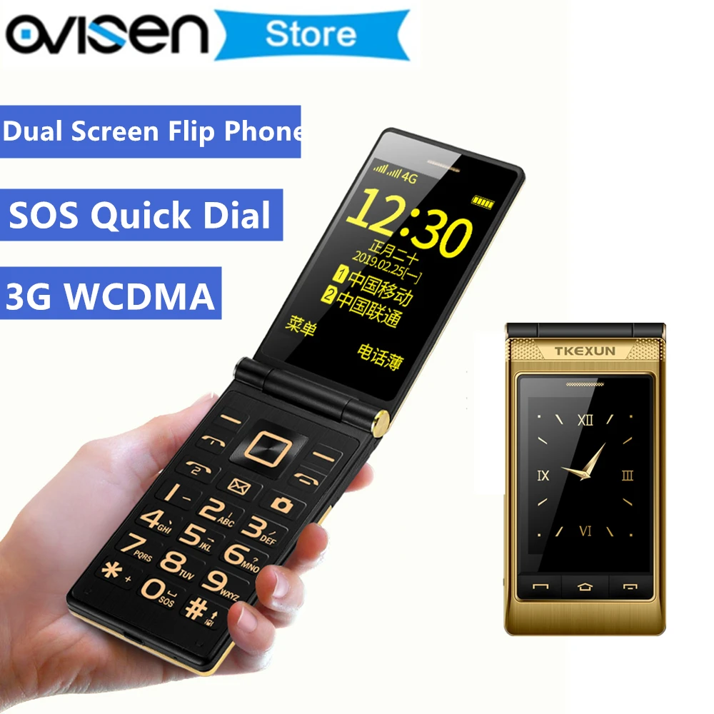 

Luxury Flip 3G WCDMA Mobile Phone Fsmart TKEXUN G10-1 Dual Screen celular 3.0 Inch Touch Screen SOS One Key Dial Cellphone