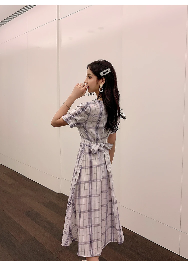 New French retro square collar plaid short sleeved ribbon dress summer waist woman A word big dress dress belt various methods