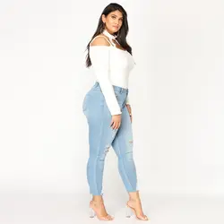 Отверстие обтягивающие джинсы Для женщин Высокая талия карандаш брюки из стираного денима плюс Размеры 5XL 6XL 7XL бойфренды женские Винтаж