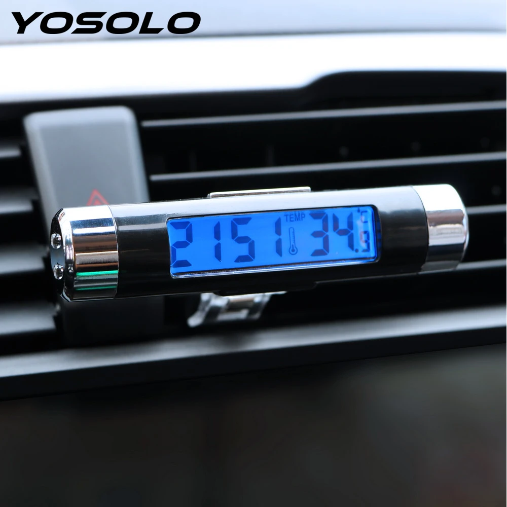 

YOSOLO 2 in 1 LCD Display Car Digital Time Clock Thermometer Clip On Air Vent Outlet Blue Backlight Clock Auto Accessories