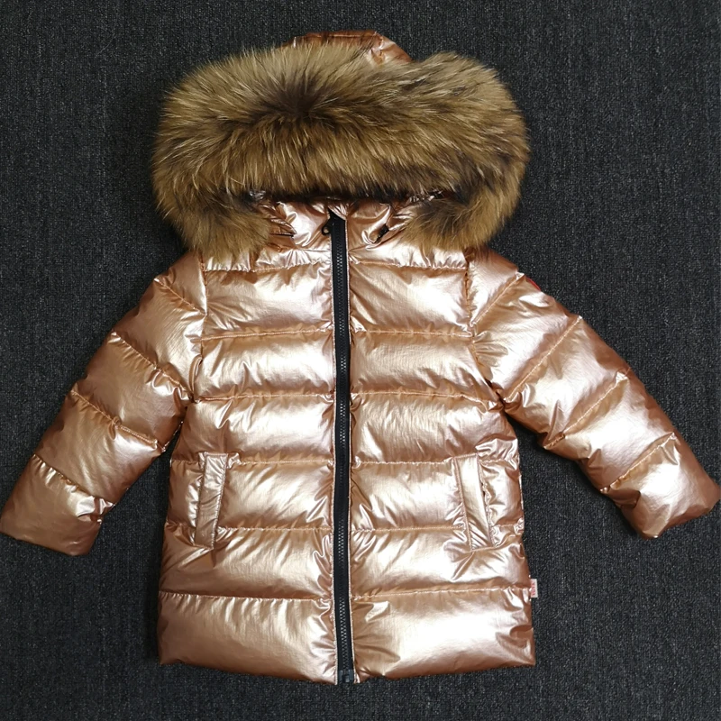 

brand fashion thick Snow Wear Coat natural fur collar parkas shiny champagne down outerwear luxury design kids warm overcoat