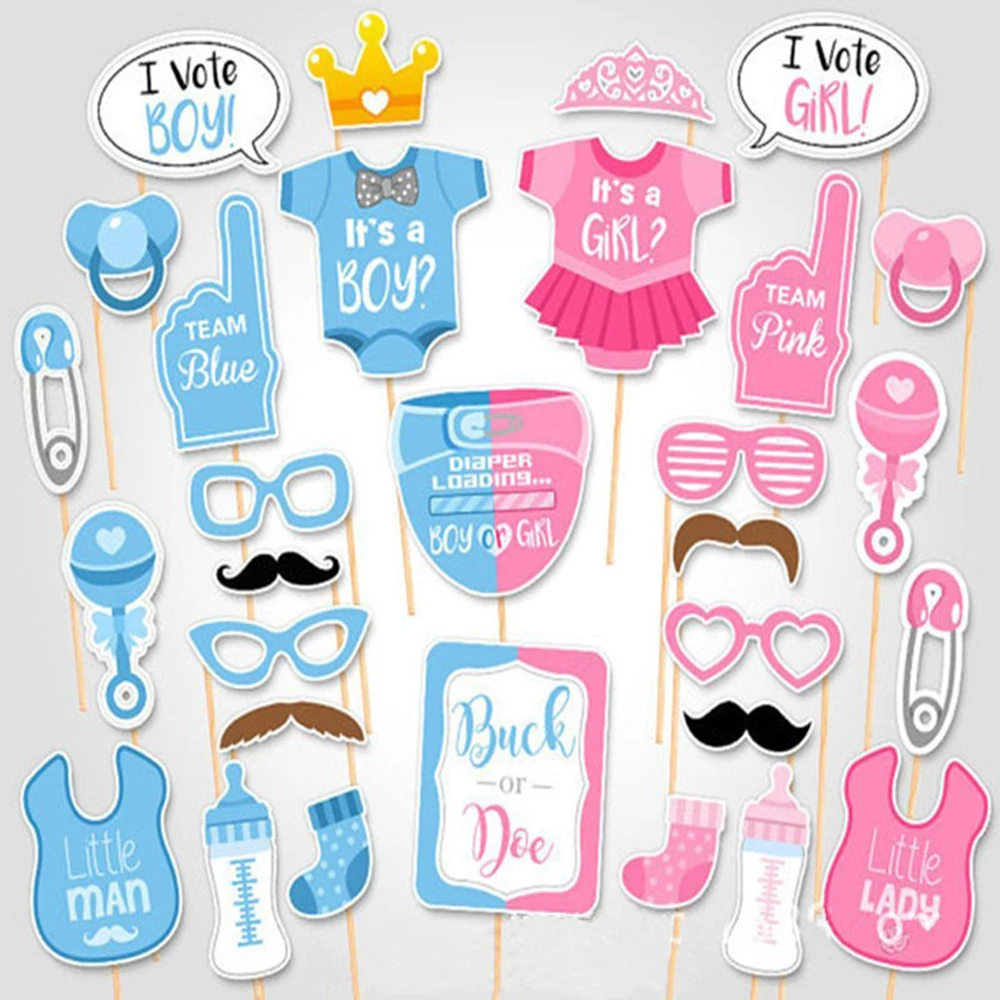 30PCS/set Baby Shower Gender Reveal Party Boy or Girl Photo Booth Props