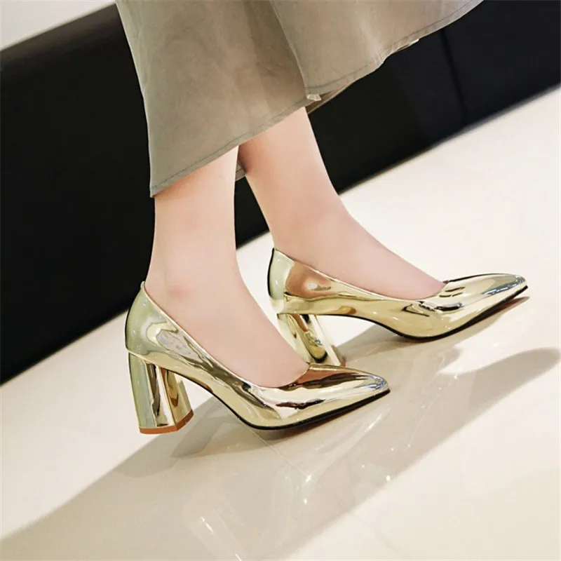 Plus Size 33-45 Women Pumps Fashion Gold Block Thick High Heels Shoes Patent Leather Slip On Silver Office Ladies Working Shoes (1)