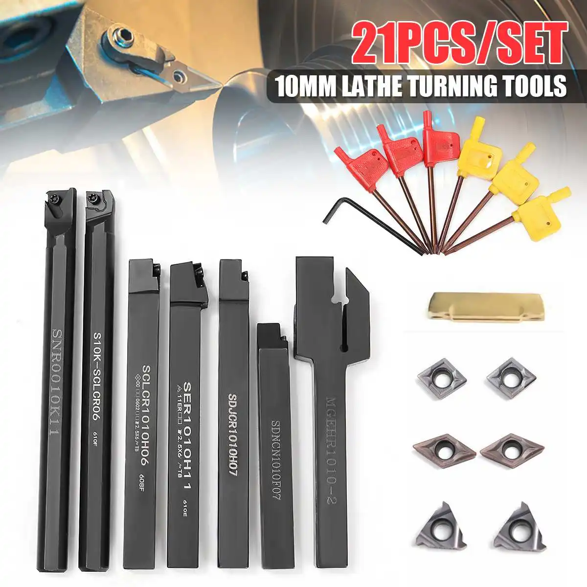 21PCS SET 10MM 12MM Lathe Turning Tool Holder Boring Bar DCMT CCMT Carbide Inserts Wrench For Lathe Turning Tool ► Photo 2/6