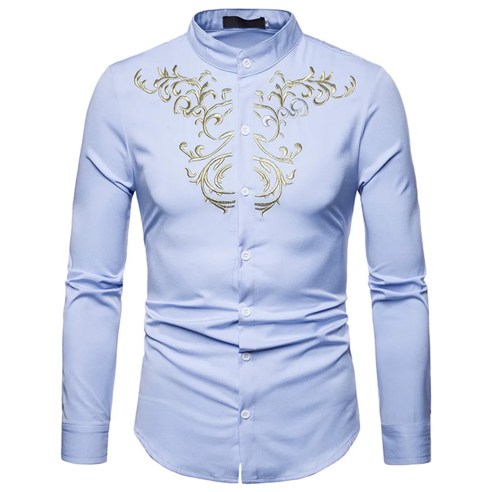 JAYCOSIN уникальные мужские рубашки, роскошные повседневные рубашки с золотой вышивкой, рубашка с длинным рукавом, топ, блузка, Осень-зима, Camisa, Slim Fit Masculina - Цвет: Light Blue
