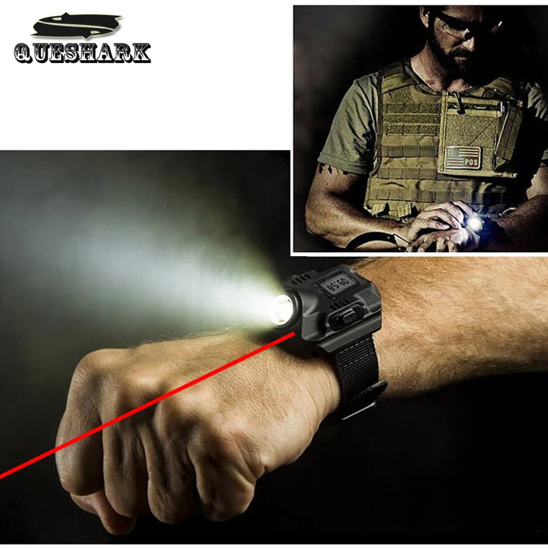 

Multifunctional Waterproof Sports USB Charging Led Wrist Watch Torch With Red Laser Rechargeable Lighting Tactical Flashlight