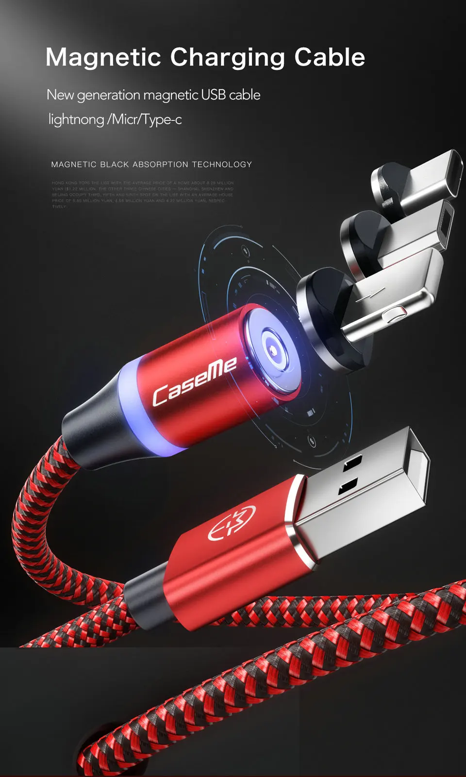 CaseMe Магнитный светодиодный USB кабель для Xiaomi 360 Плетеный Магнитный штекер type C Micro USB для iPhone кабель для быстрой зарядки Магнитный кабель