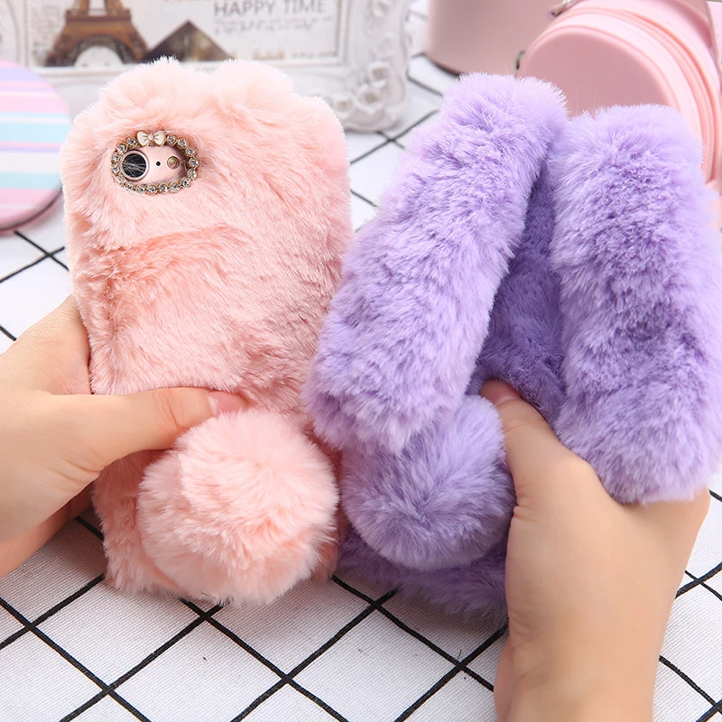 Fluffy Rabbit Fur Rabbit Ears Case For iphone 6 6s Cover Bling Diamond Bowknot Phone Cases For