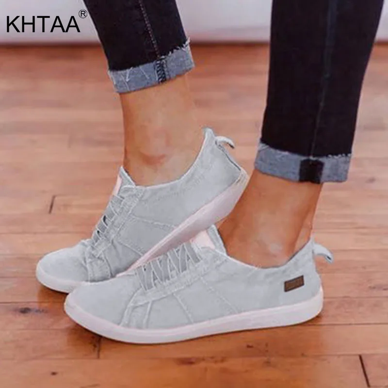 KHTAA/Новинка; модная обувь на плоской подошве; женская парусиновая повседневная обувь на платформе со шнуровкой; Джинсовая женская обувь из Вулканизированной Ткани; удобная прошитая женская обувь; сезон весна; коллекция года