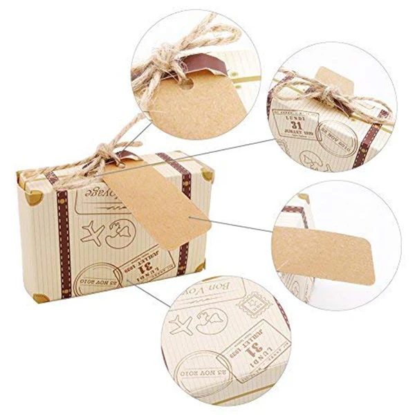 

50pcs Mini Suitcase Favor Box Party Favor Candy Box, Vintage Kraft Paper with Tags and rope for Wedding/Travel Themed