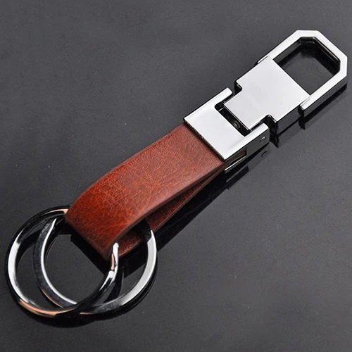 Fashion Dual Double Ring Genuine Leather Strap Keyring Car Keychain Key