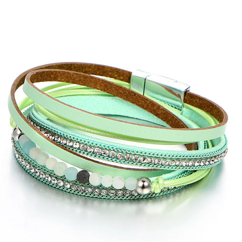 

Multiple Layers Beads Crystal Leather Bracelets For Women 6 Color Fashion Pulsera Mujer Charm Bracelet Gifts 2019 New
