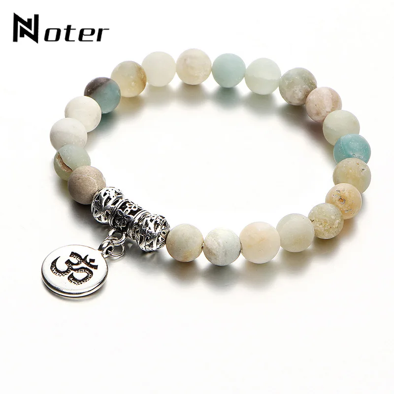 

Fashion Natural Stone Bead Bracelet Charm Yoga Meditation OM Strand Chain Vintage Silver Buddha Braclet Unisex Ethnic Jewelry