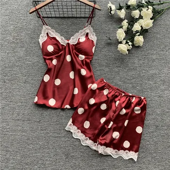 

Herislim Women's Pajamas Polka Dot Pyjamas Home Clothes Silk Pajama Set Sexy Satin Sleepwear Cute Summer Pijama with Chest Pads