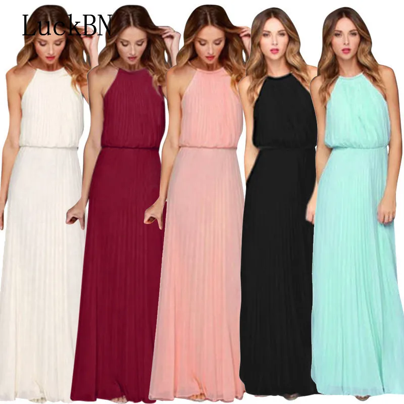 

Summer Women Sexy Long Party Dresses 2019 Sleeveless Elegant Casual Pleated Chiffon Maxi Dress Vestido De Festa New Plus Size