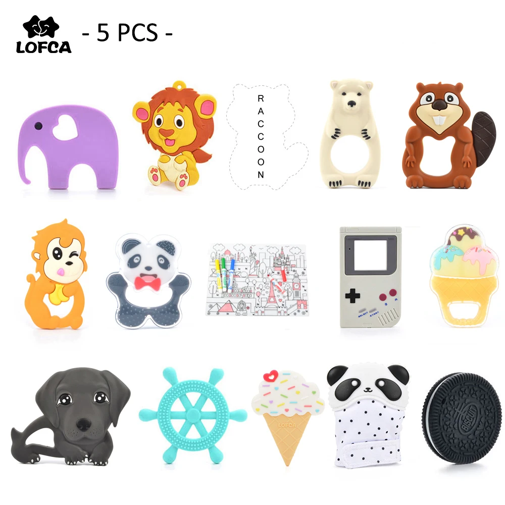 

5 pcs/lot Silicone Teether Giraffe Teething Pendant Biscuit Baby Teethers Camera Silicone Teething Raccoon Chew Toys For Baby