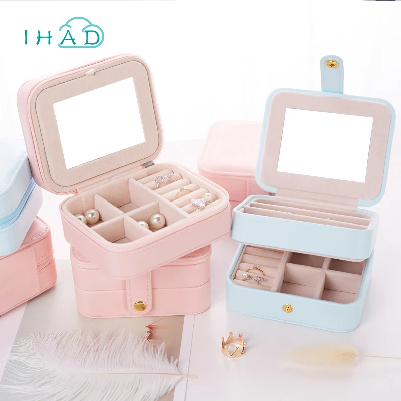 Christmas gift 3 layers Jewelry box with mirror travel small cosmetic box makeup organizer earring case ring&necklace Container 