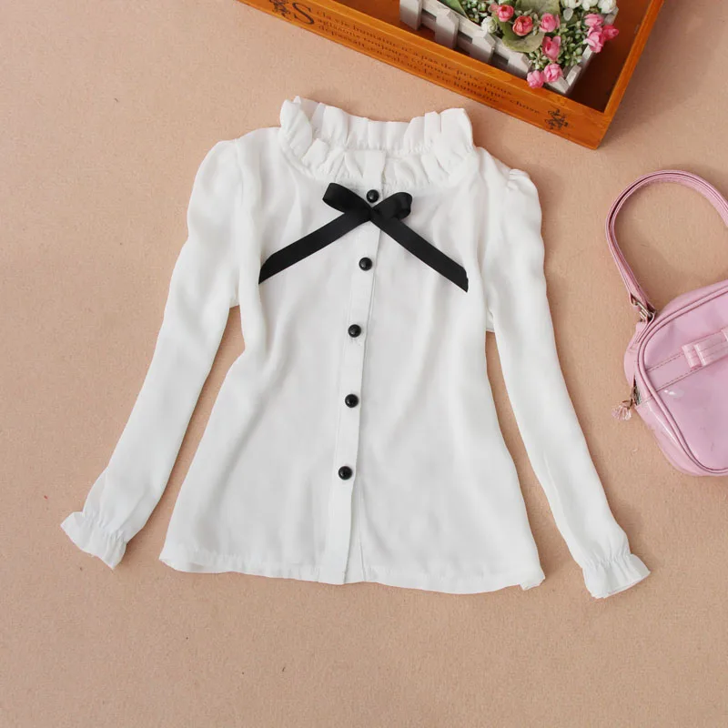 Детская одежда для малышей весенняя одежда для больших детей школьные шифоновые Белые и розовые кружевные блузки с длинными рукавами для девочек Детская рубашка