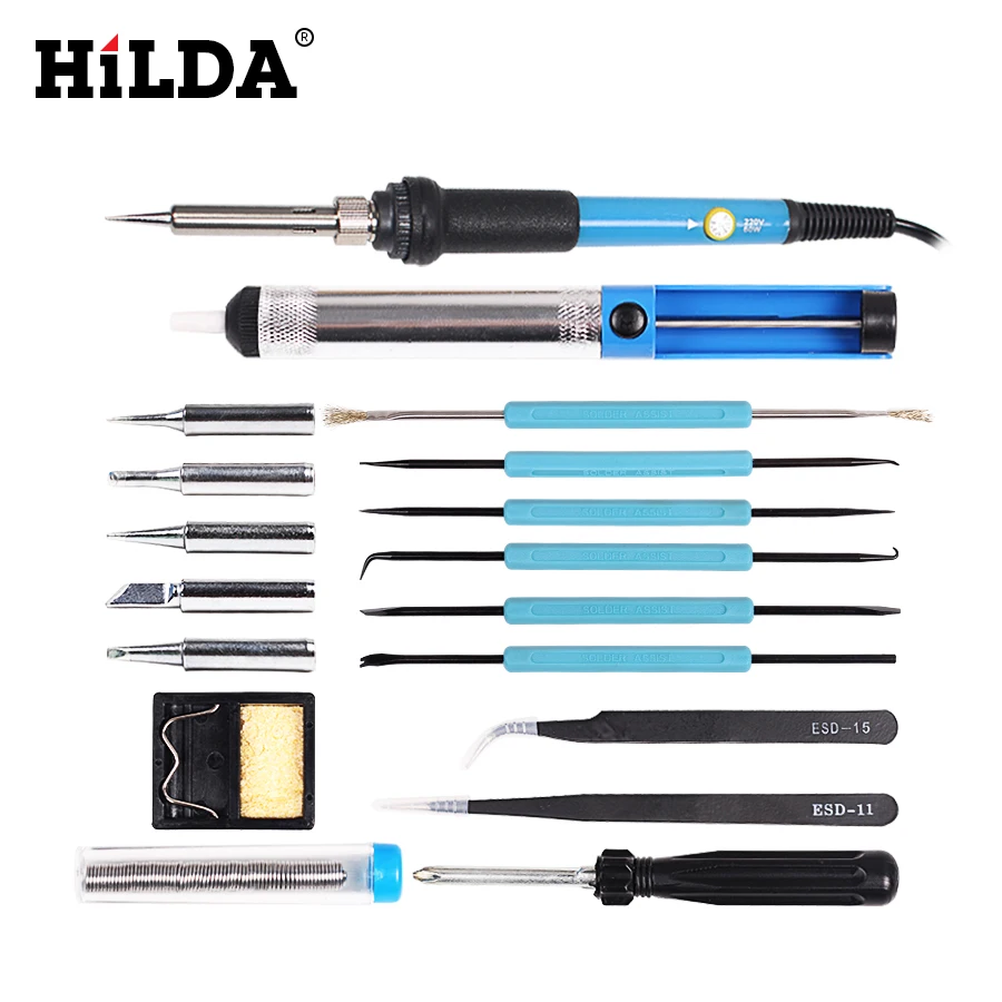 

HILDA 220v 60w Adjustable Temperature Electric Soldering Iron Kit+5pcs Tips Portable Welding Repair Tool Tweezers Solder Wire