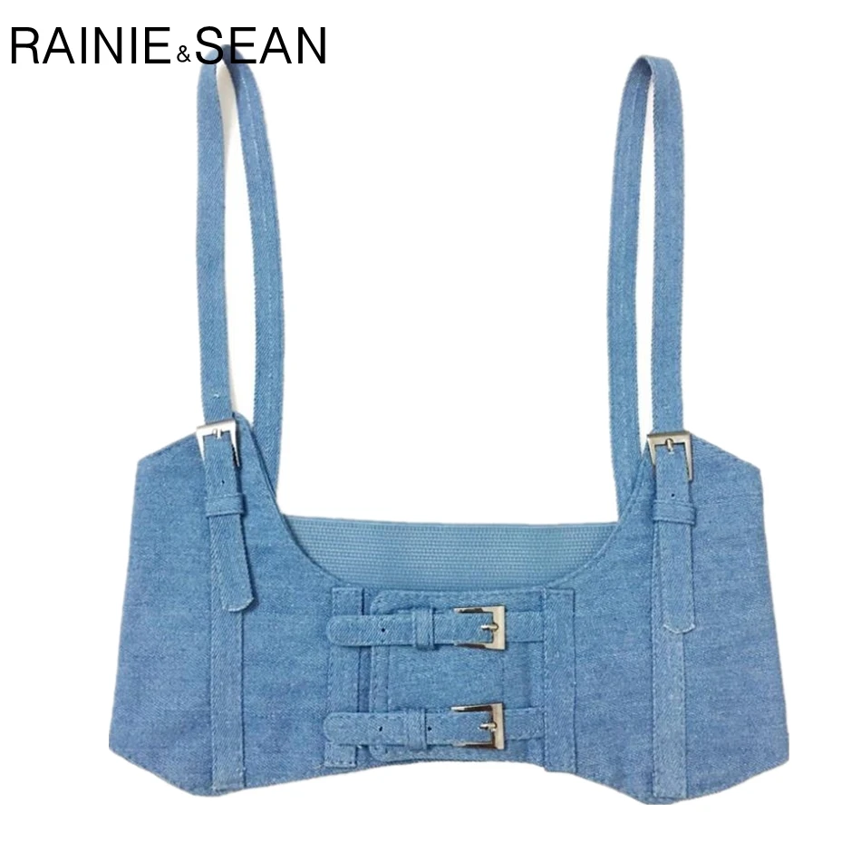 

RAINIE SEAN Elastic Wide Belt Denim Blue Cummerbunds For Women Wide Waistband With Suspenders Female Autumn Stretch Corset