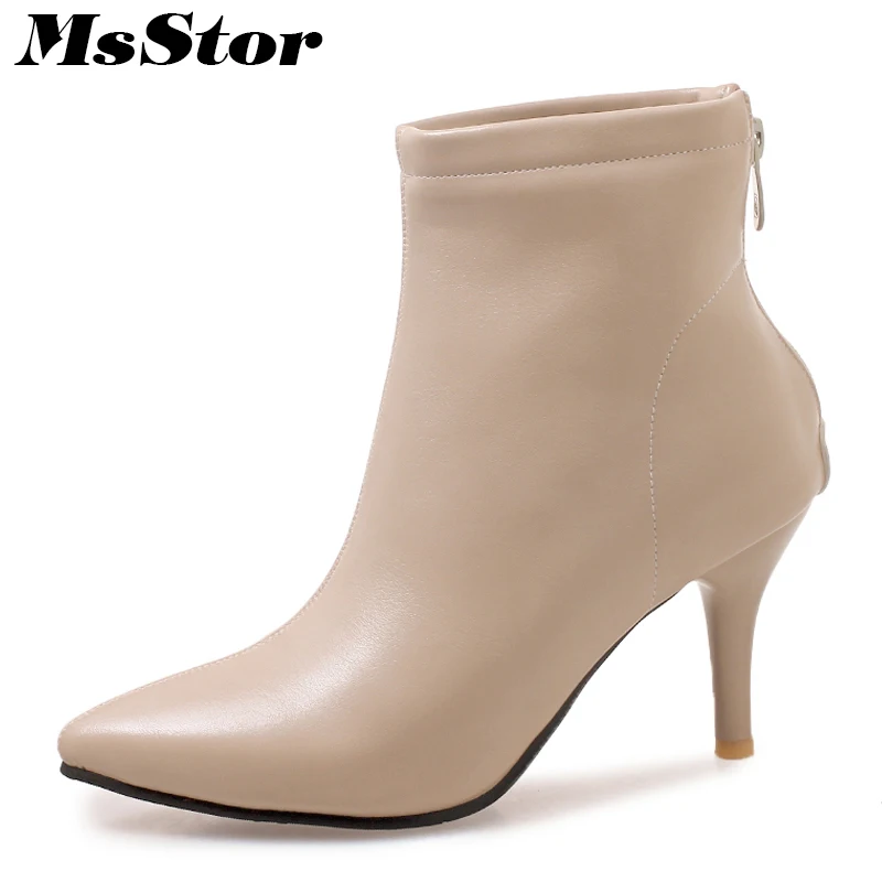 

MsStor Pointed Toe High Heel Boots Shoes Woman Fashion Zipper Cheap Ankle Boots Women Shoes Thin Heel Women Boots Plus Size