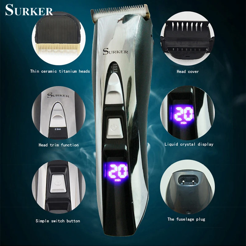 SURKER HC-575 Rechargeable Electric Hair Clipper Quiet Hair Trimmer LED Display Electric Fader Hair Cutting Machine EU Plug