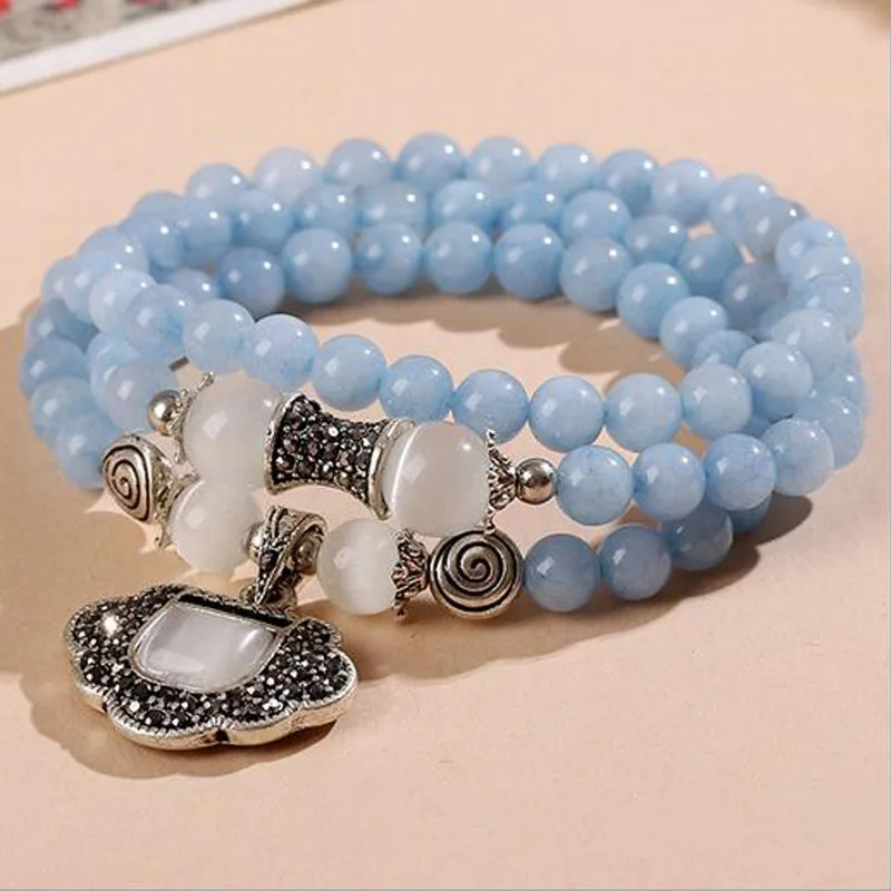 

FFWFF Elastics Rope Multilayer Natural Stone Beads Bracelets Sea Blue Lucky Lock Charm Bead Bracelet For Women Jewelry Gift