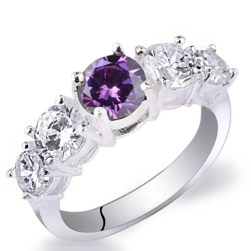 Ботильоны на низком каблуке из натуральной кольцо из стерлингового серебра 925 5-камень CZ ювелирные изделия Для женщин моды на палец Размеры 6, 7, 8, 9, персональный подарок R019 - Цвет основного камня: Purple Amethyst