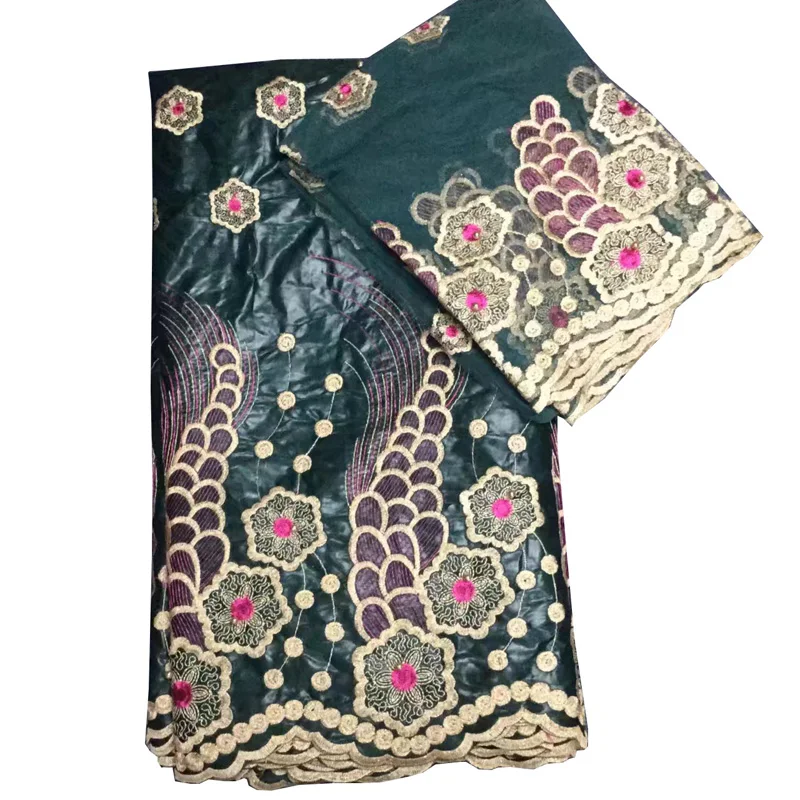 

(5+2 yards /set) high quality deep green African bazin riche lace fabric plus French net lace with embroidery for dress BLS25